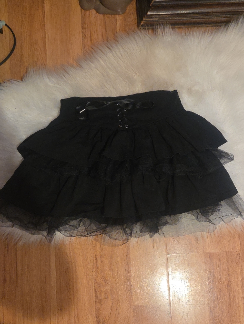Goth Black Ruffled Tiered Mini Skirt with Lace-Up Waist
